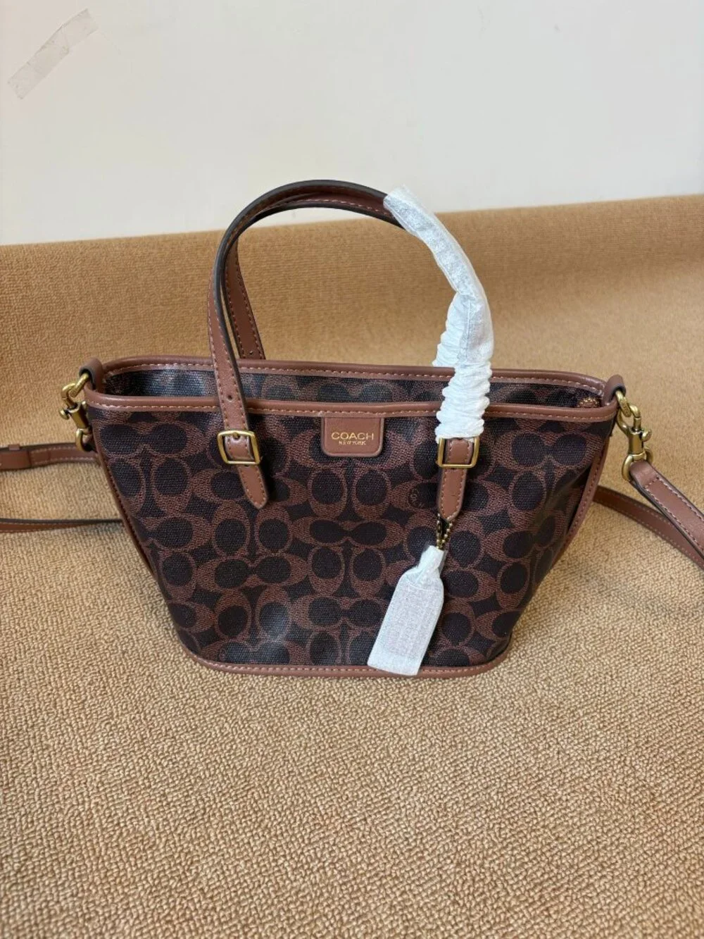 🤎Coach Brown Signature Mini Bucket Tote Adjustable Handle Crossbody Purse